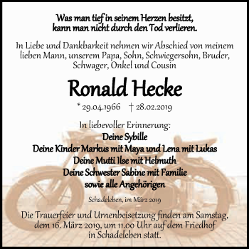 Traueranzeige von Ronald Hecke von Super Sonntag Aschersleben