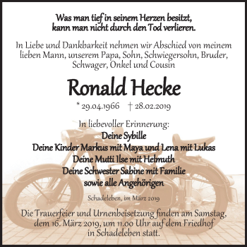 Traueranzeige von Ronald Hecke von Mitteldeutsche Zeitung Aschersleben