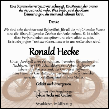 Traueranzeige von Ronald Hecke von Super Sonntag Aschersleben