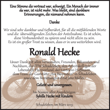 Traueranzeige von Ronald Hecke von Mitteldeutsche Zeitung Aschersleben