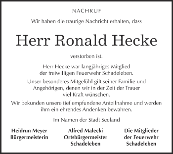 Traueranzeige von Ronald Hecke von Super Sonntag Aschersleben