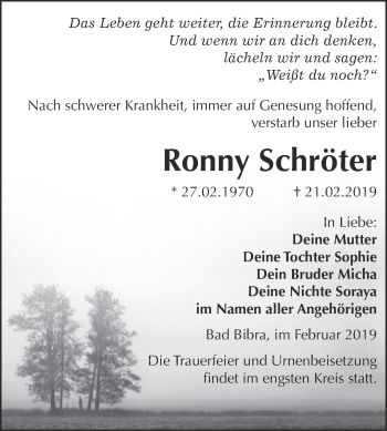 Traueranzeige von Ronny Schröter von WVG - Wochenspiegel NMB / WSF / ZTZ