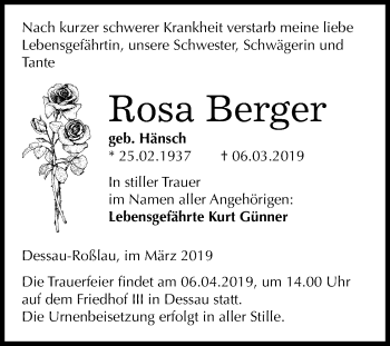 Traueranzeige von Rosa Berger von Mitteldeutsche Zeitung Dessau-Roßlau