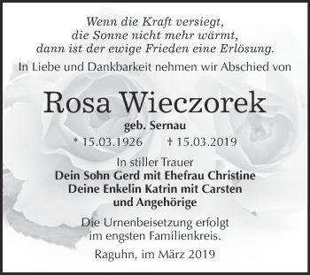 Traueranzeige von Rosa Wieczorek von WVG - Wochenspiegel Bitterfeld