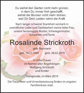 Traueranzeige von Rosalinde Strickroth von Super Sonntag Quedlinburg