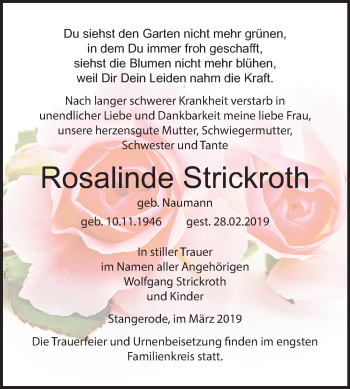 Traueranzeige von Rosalinde Strickroth von Mitteldeutsche Zeitung
