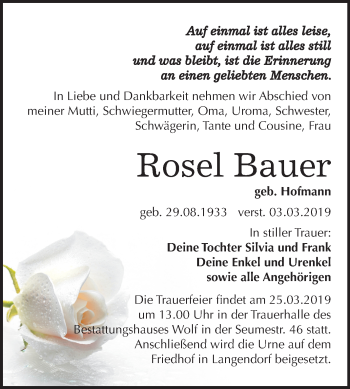 Traueranzeige von Rosel Bauer von Mitteldeutsche Zeitung Weißenfels