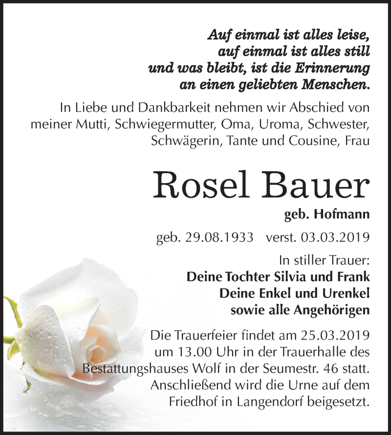  Traueranzeige für Rosel Bauer vom 16.03.2019 aus Mitteldeutsche Zeitung Weißenfels