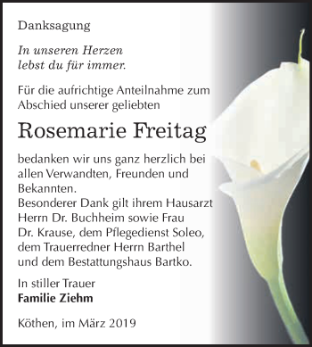 Traueranzeige von Rosemarie Freitag von WVG - Wochenspiegel Dessau / Köthen