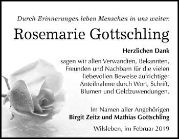 Traueranzeige von Rosemarie Gottschling von Mitteldeutsche Zeitung