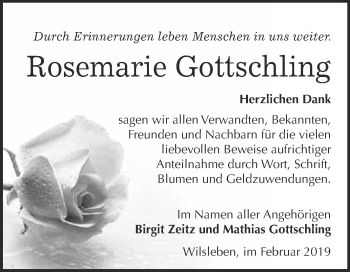 Traueranzeige von Rosemarie Gottschling von Super Sonntag Aschersleben