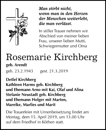 Traueranzeige von Rosemarie Kirchberg von WVG - Wochenspiegel Dessau / Köthen