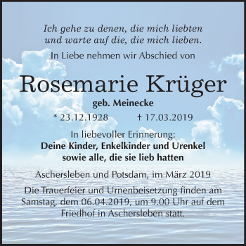 Traueranzeige von Rosemarie Krüger von Mitteldeutsche Zeitung Aschersleben