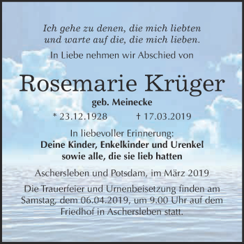 Traueranzeige von Rosemarie Krüger von Super Sonntag Aschersleben
