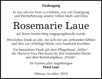 Traueranzeige von Rosemarie Laue von WVG - Wochenspiegel Dessau / Köthen