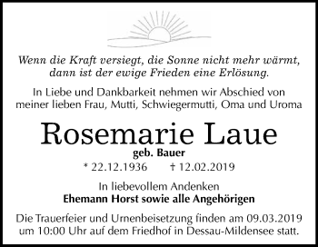 Traueranzeige von Rosemarie Laue von WVG - Wochenspiegel Dessau / Köthen