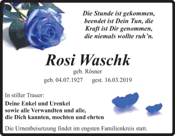 Traueranzeige von Rosi Waschk von Mitteldeutsche Zeitung Quedlinburg