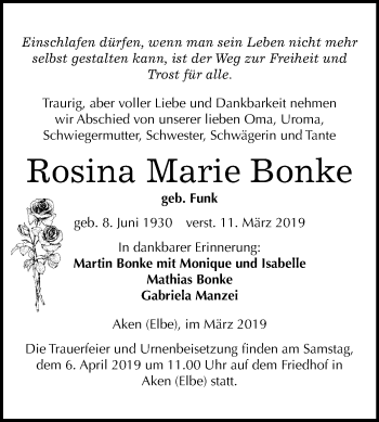 Traueranzeige von Rosina Marie Bonke von Mitteldeutsche Zeitung Köthen