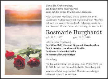 Traueranzeige von Rosmarie Burghardt von WVG - Wochenspiegel NMB / WSF / ZTZ