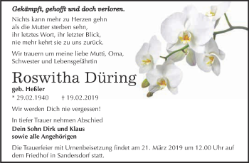 Traueranzeige von Roswitha Düring von WVG - Wochenspiegel Bitterfeld