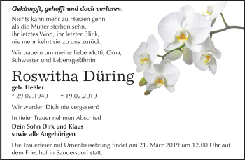 Traueranzeige von Roswitha Düring von Mitteldeutsche Zeitung Bitterfeld