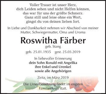 Traueranzeige von Roswitha Färber von Mitteldeutsche Zeitung Zeitz