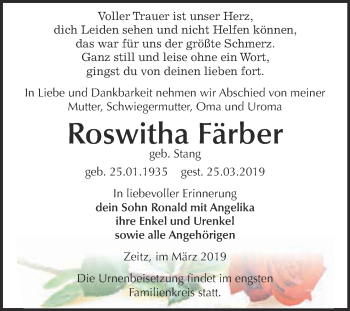 Traueranzeige von Roswitha Färber von WVG - Wochenspiegel NMB / WSF / ZTZ