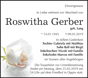 Traueranzeige von Roswitha Gerber von Mitteldeutsche Zeitung Halle/Saalkreis