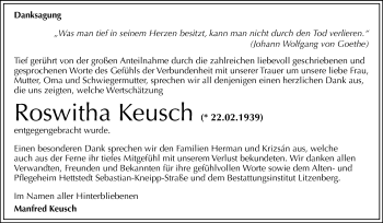 Traueranzeige von Roswitha Keusch von Wochenspiegel Mansfelder Land