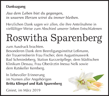 Traueranzeige von Roswitha Sparenberg von Mitteldeutsche Zeitung