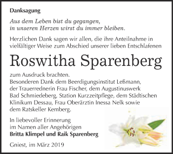 Traueranzeige von Roswitha Sparenberg von Super Sonntag Wittenberg
