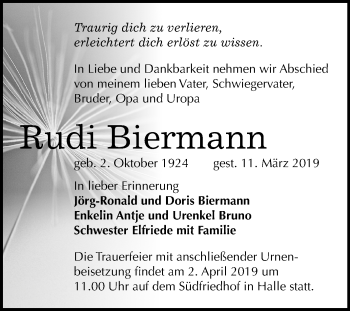 Traueranzeige von Rudi Biermann von Mitteldeutsche Zeitung Halle/Saalkreis