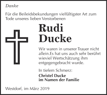 Traueranzeige von Rudi Ducke von Super Sonntag Aschersleben