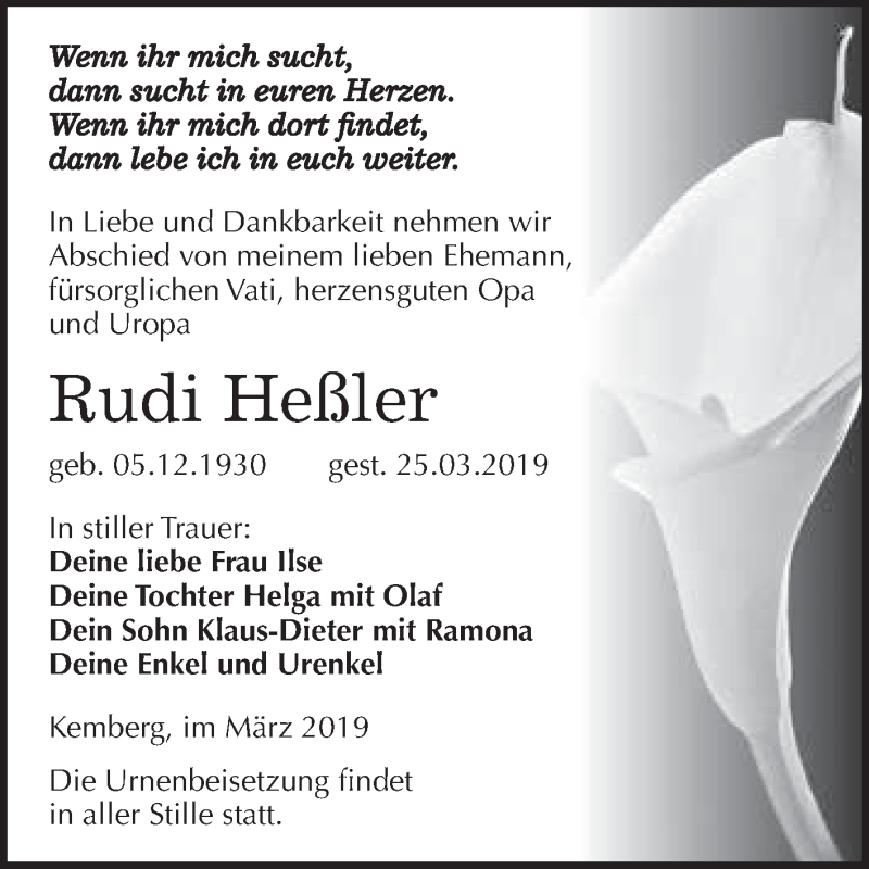  Traueranzeige für Rudi Heßler vom 30.03.2019 aus WVG - Wochenspiegel Wittenberg