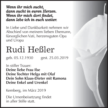 Traueranzeige von Rudi Heßler von WVG - Wochenspiegel Wittenberg