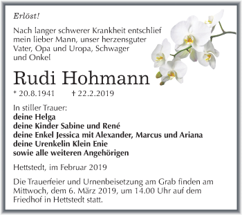 Traueranzeige von Rudi Hohmann von Mitteldeutsche Zeitung Mansfelder Land