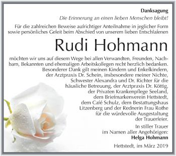 Traueranzeige von Rudi Hohmann von Mitteldeutsche Zeitung Mansfelder Land