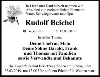Traueranzeige von Rudolf Beichel von WVG - Wochenspiegel Dessau / Köthen