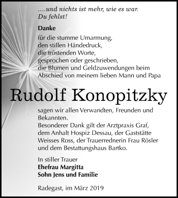 Traueranzeige von Rudolf Konopitzky von Mitteldeutsche Zeitung Köthen