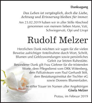 Traueranzeige von Rudolf Melzer von Mitteldeutsche Zeitung