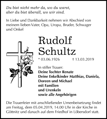 Traueranzeige von Rudolf Schultz von Mitteldeutsche Zeitung Bitterfeld