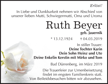 Traueranzeige von Ruth Beyer von Mitteldeutsche Zeitung Merseburg/Querfurt