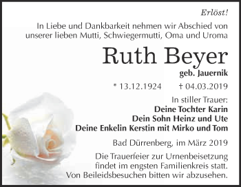 Traueranzeige von Ruth Beyer von Super Sonntag Merseburg