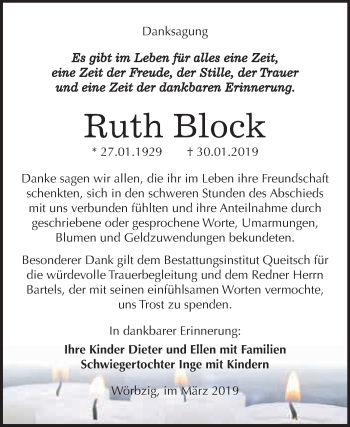Traueranzeige von Ruth Block von WVG - Wochenspiegel Dessau / Köthen