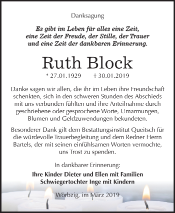 Traueranzeige von Ruth Block von Mitteldeutsche Zeitung Köthen