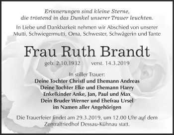 Traueranzeige von Ruth Brandt von WVG - Wochenspiegel Dessau / Köthen
