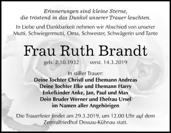 Traueranzeige von Ruth Brandt von Mitteldeutsche Zeitung Dessau-Roßlau