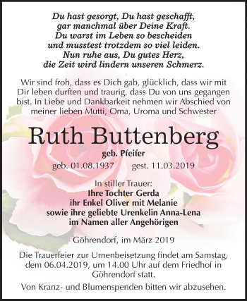 Traueranzeige von Ruth Buttenberg von Mitteldeutsche Zeitung