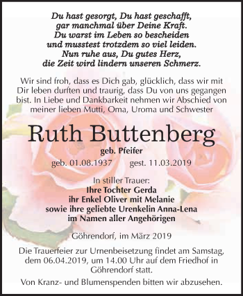 Traueranzeige von Ruth Buttenberg von WVG - Wochenspiegel Merseburg