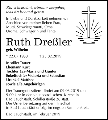 Traueranzeige von Ruth Dreßler von Mitteldeutsche Zeitung